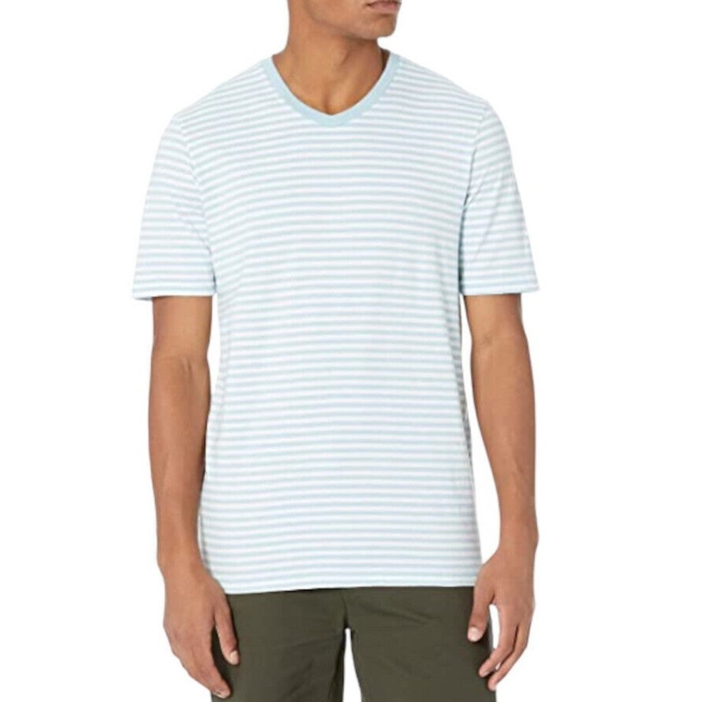Men's Large V Neck T Shirt Tee Striped Short Sleeve Aqua Blue/White